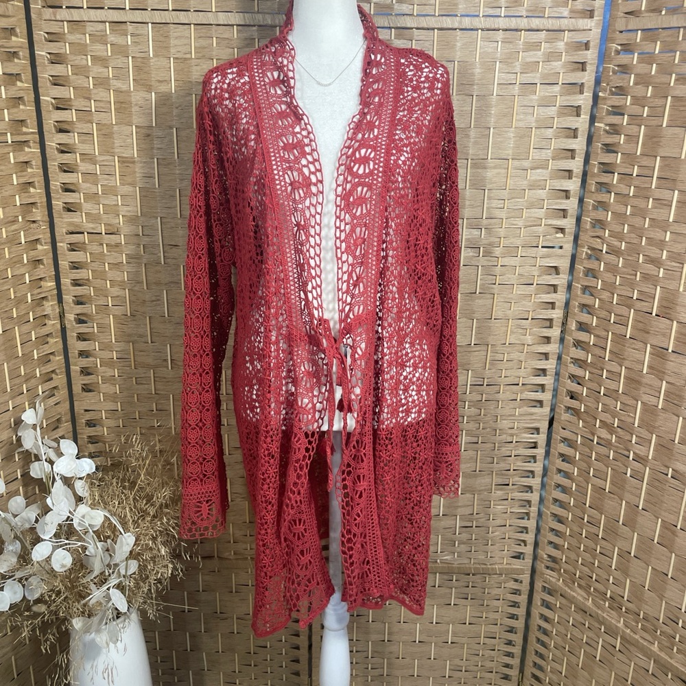 Open Weave Red Crochet Johnny Was Cardigan Kimono Robe Cover Up